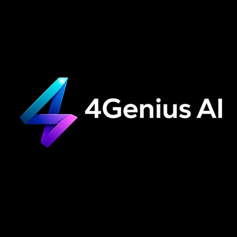 4Genius AI logo featuring a stylized lightning bolt in cyan and purple gradient with white text on black background